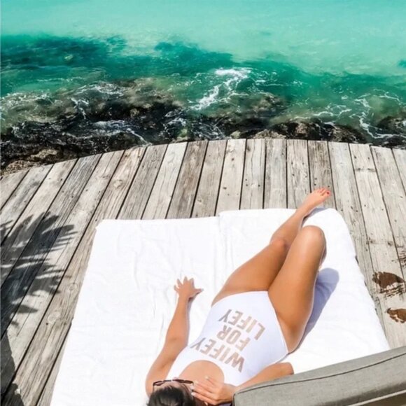 Show Me Your Mumu Wifey For Lifey One Piece - White Swimsuit with Gold Lettering - Picture 6 of 8